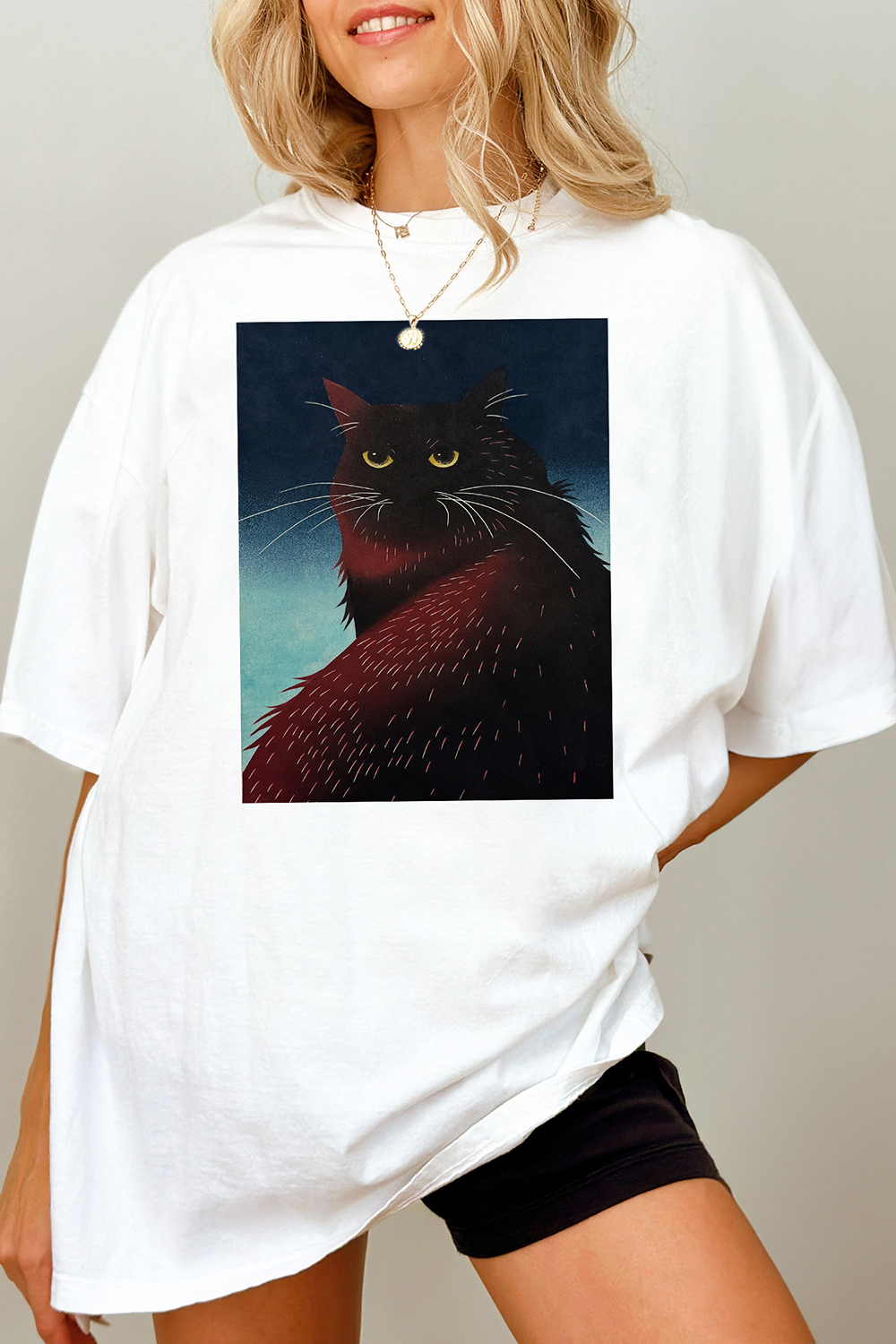 Perfect Black Cat Pattern Tee For Women