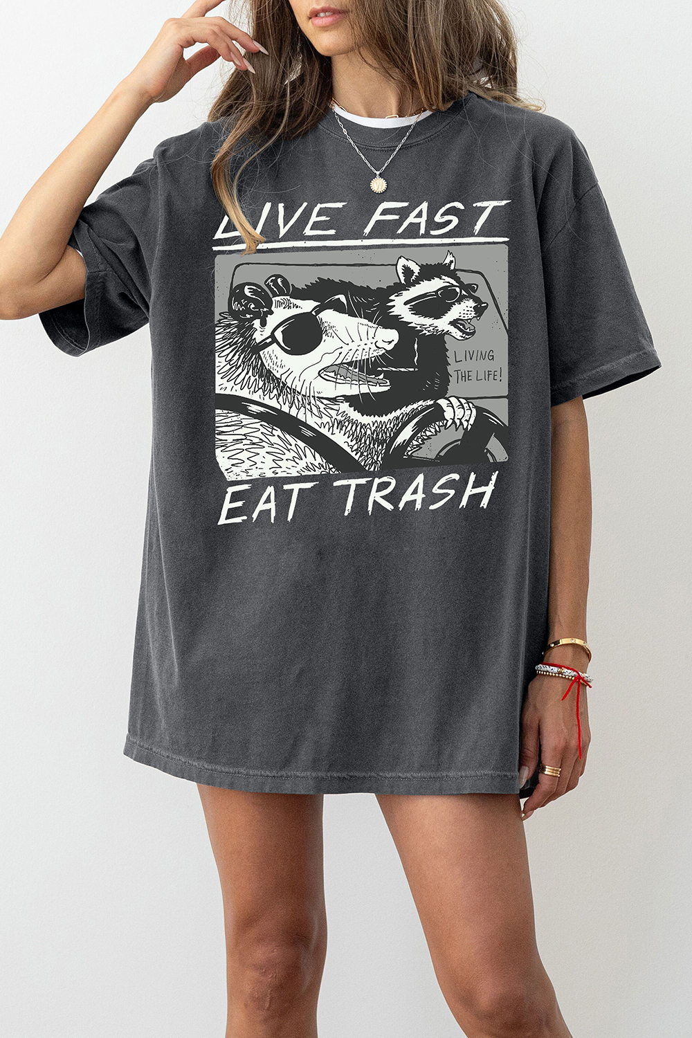 Vintage Opossum Live Fast Eat Trash 90s Style Graphic Tee For Women