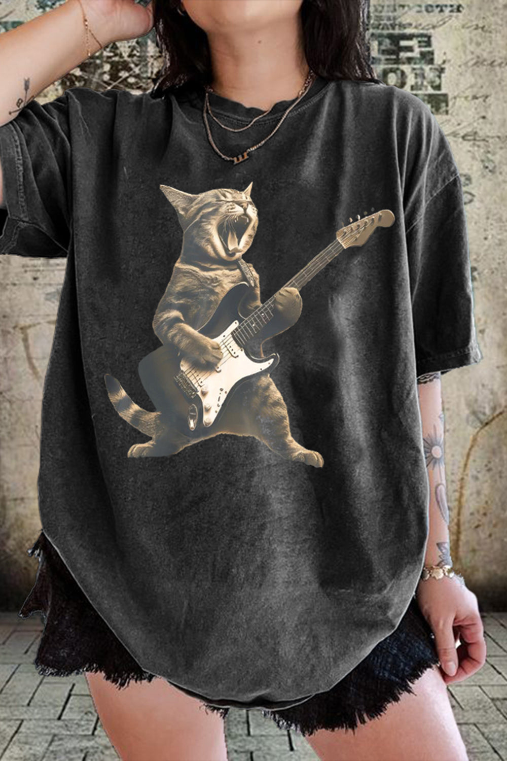 Rock Cat Playing Guitar Vintage Tee For Women