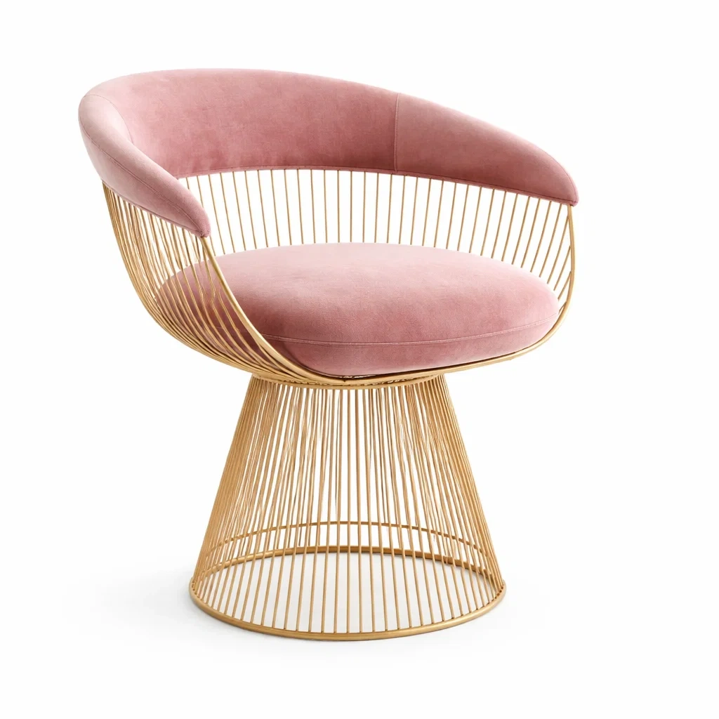 Fauteuil design rose avec structure metal dore-roommotive