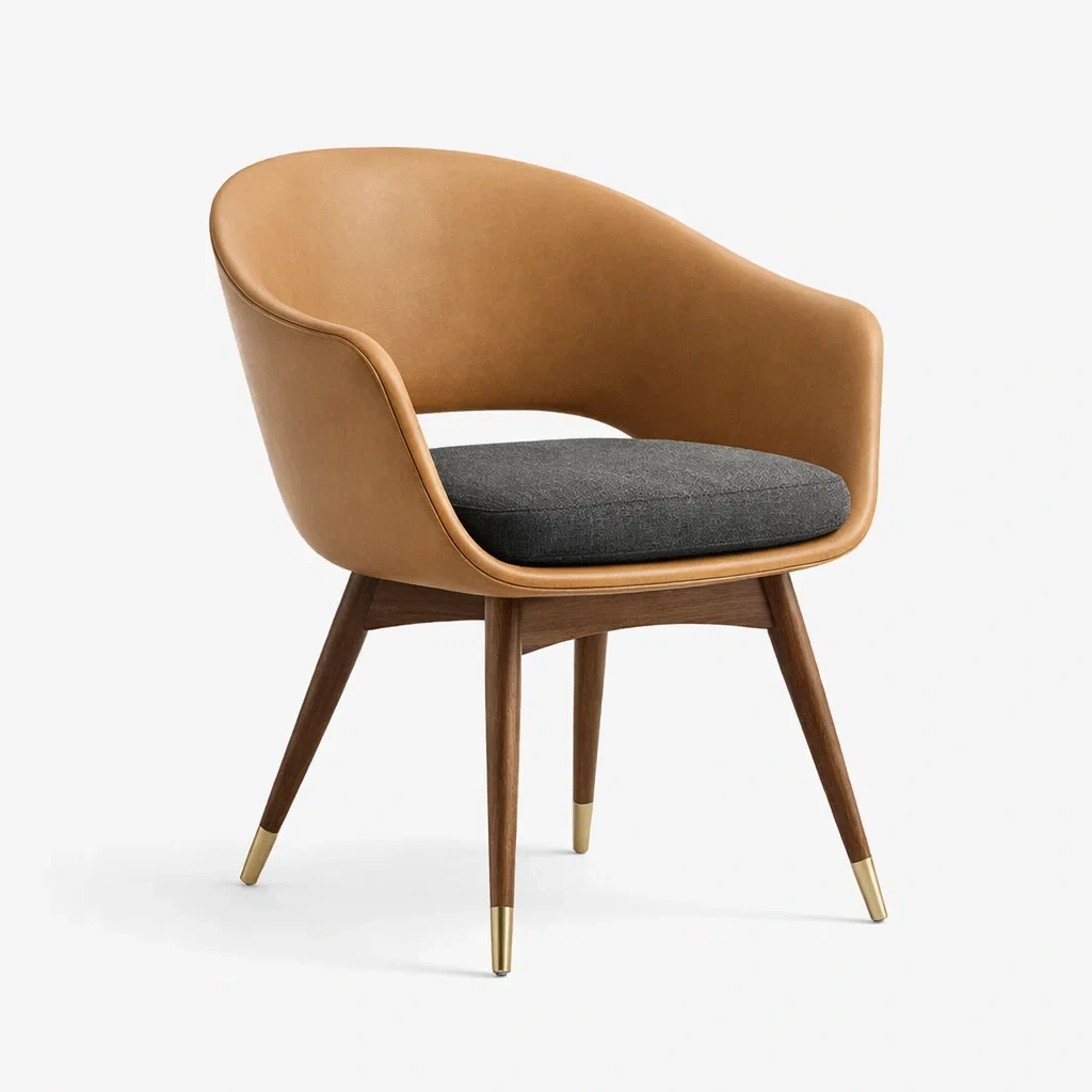 Fauteuil cuir marron assise tissu pieds bois-roommotive