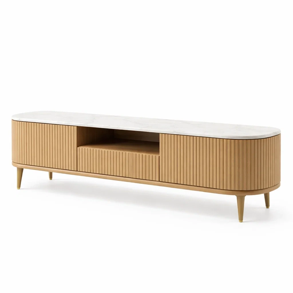 Meuble TV bois clair nervure plateau blanc-roommotive