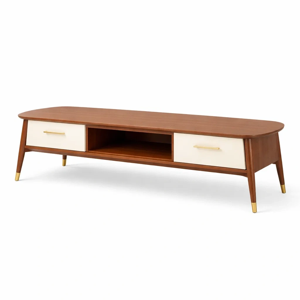 Meuble TV bois marron tiroirs blancs style retro-roommotive