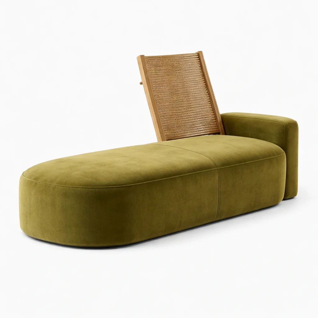 Banquette lounge velours vert dossier bois