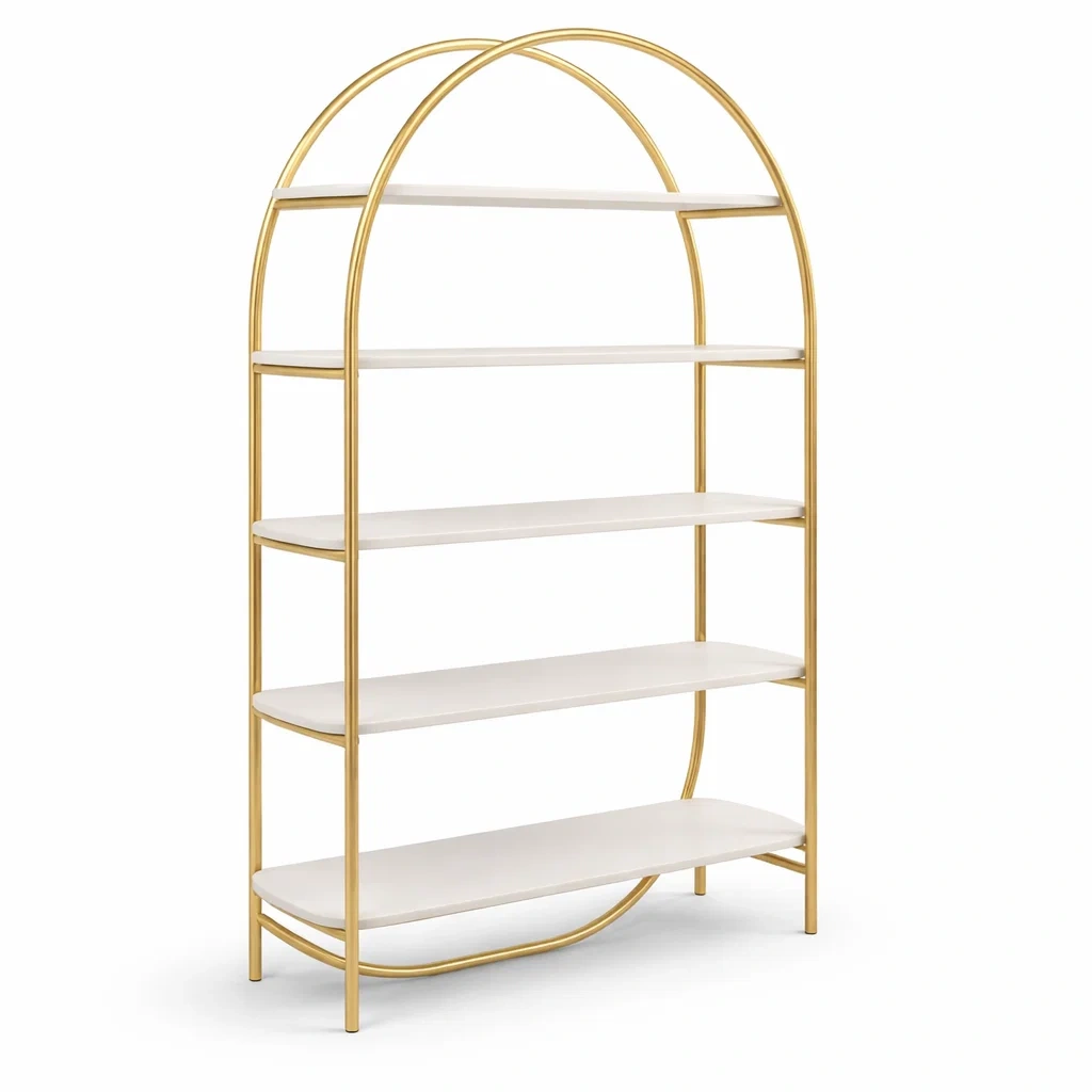 Etagere arche moderne en metal dore et panneaux blancs