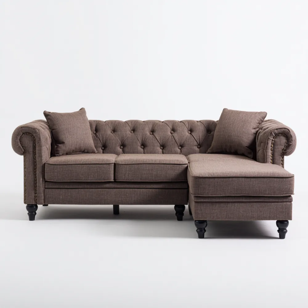 Ecksofa 250x90x85 cm Leinenstoff Braun Chesterfield-Stil mit Knopfheftung-Modernivio