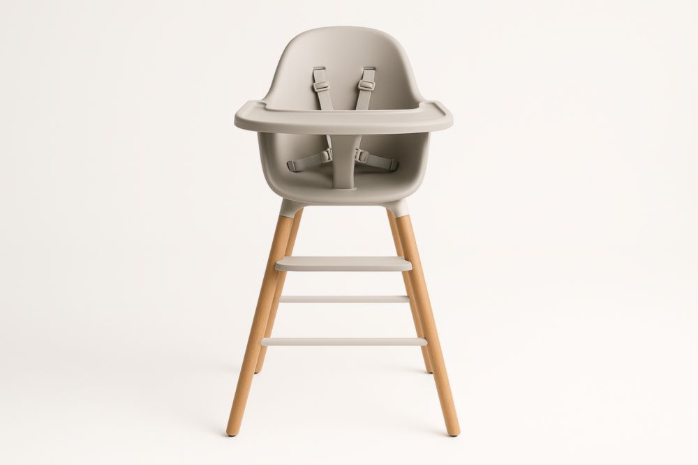 Chaise haute bébé en plastique avec pieds en bois de hêtre Gris