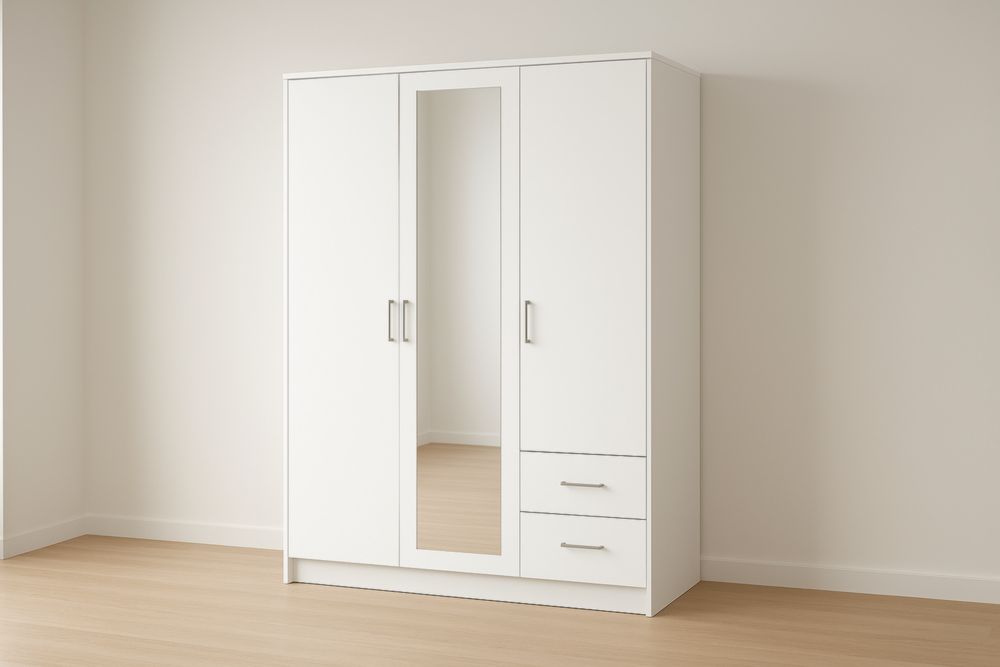 Armoire blanche à trois portes avec miroir en MDF