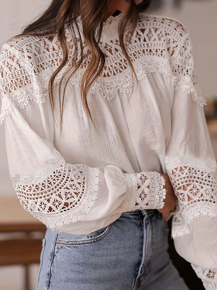 Women's Elegant Floral Lace Cotton And Linen High Collar Top-elviree