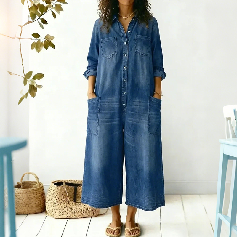 Women's Solid-color Denim Single-breasted Comfortable Jumpsuit-elviree