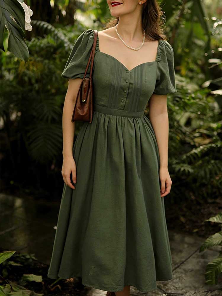 Retro Linen Countryside Style Waist-cinching Dress