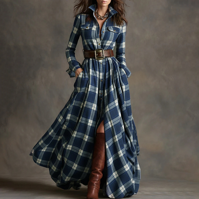 Vintage Western Plaid Pattern Shirt Dress (with Belt)-elviree