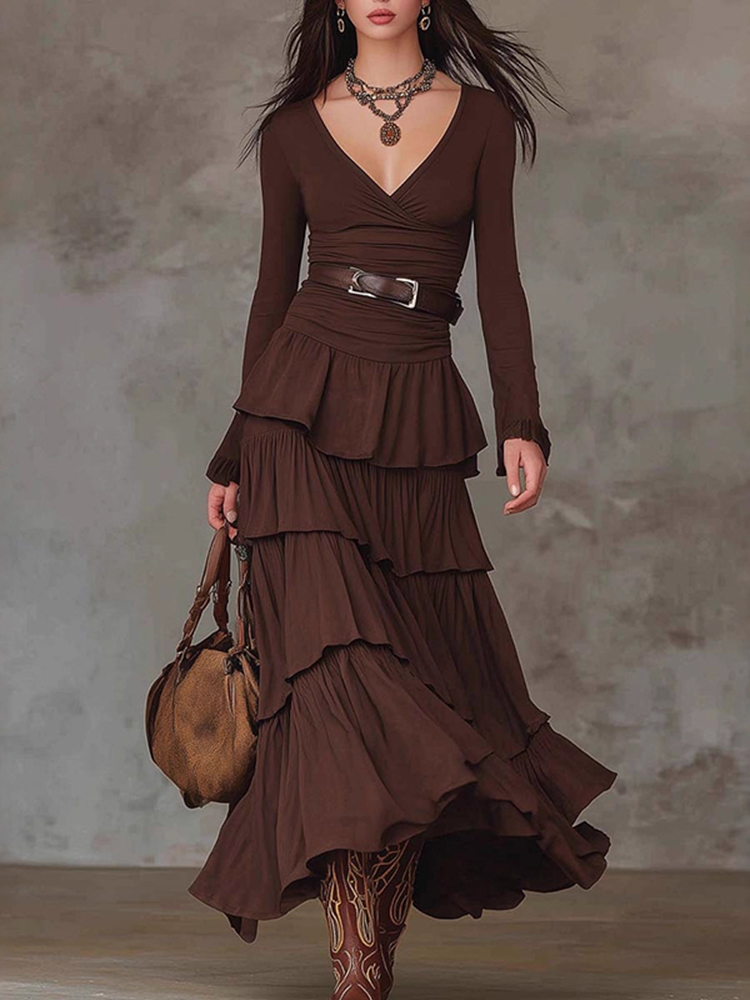 Vintage Slim V-neck Cake Maxi Dress (with Belt)-elviree