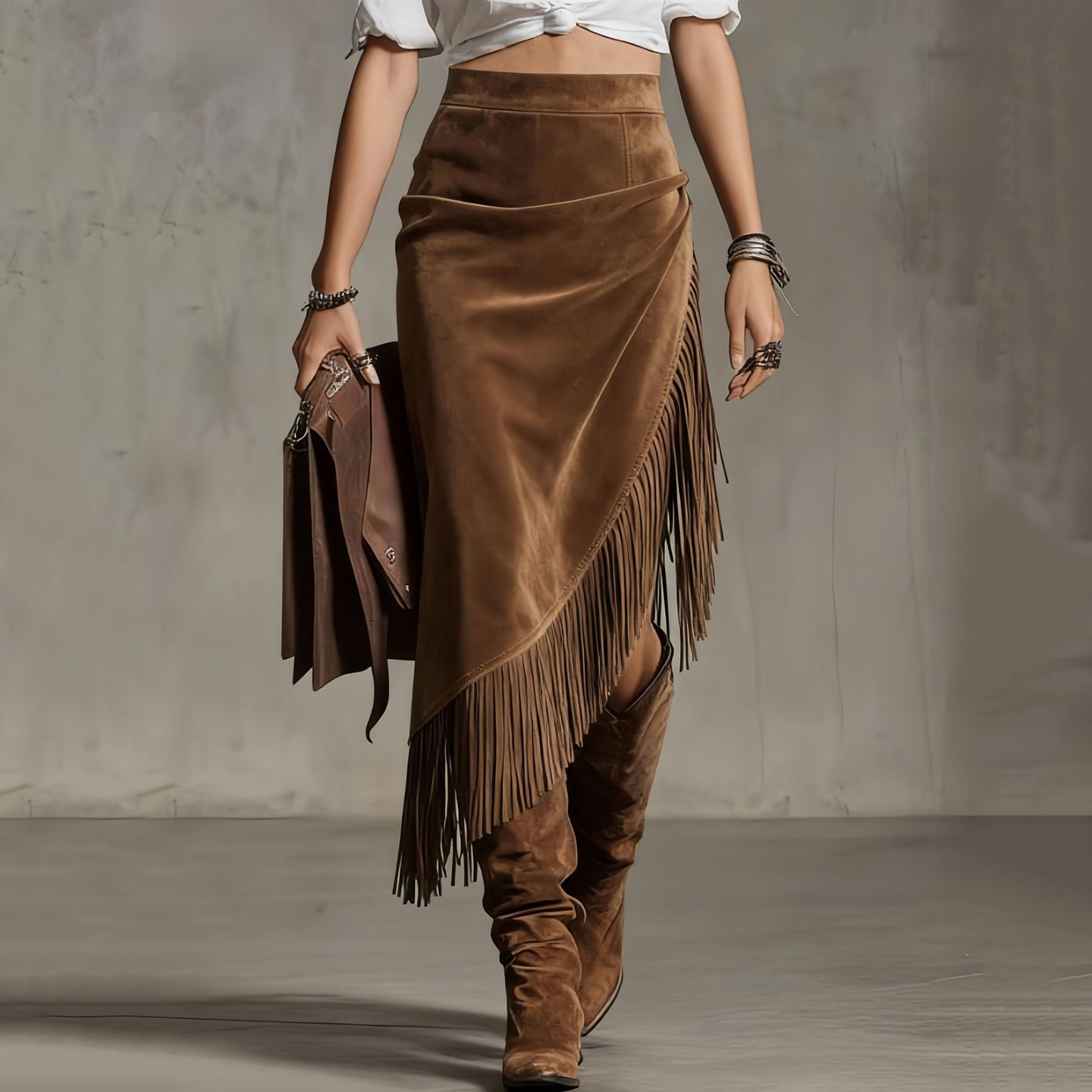 Vintage Western Fringed Hem Irregular Suede Skirt-elviree