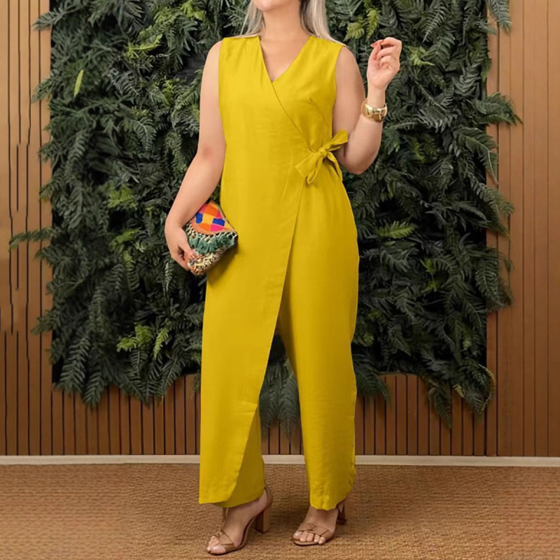Women's Solid Color Casual V-neck Tie Jumpsuit-elviree