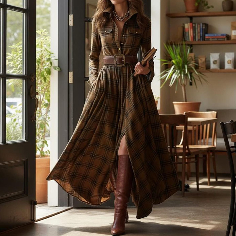 Vintage Khaki Plaid Inspired Belted Cottagecore Autumn Winter Long Sleeve Button-up Shirt Maxi Dress-elviree