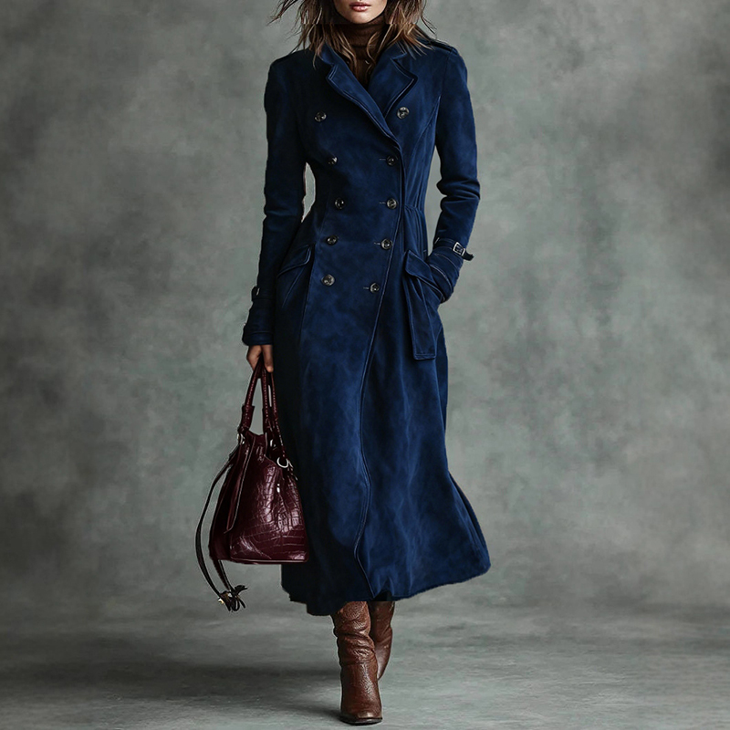 Vintage Western Lapel Buttoned Suede Trench Coat-elviree