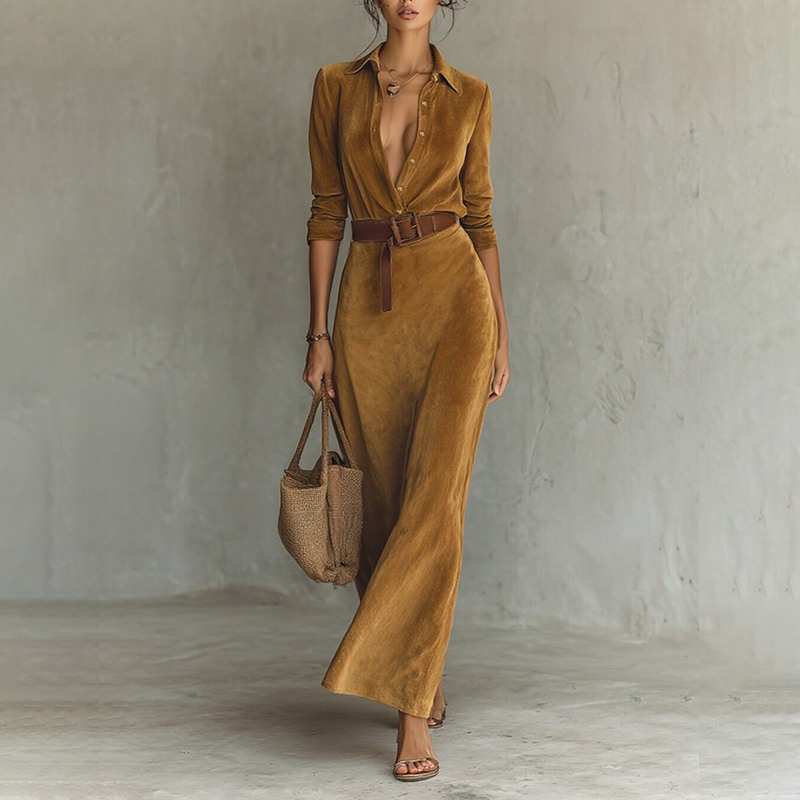 Women's Retro Suede Waist-cinching Long Dress With Belt-elviree
