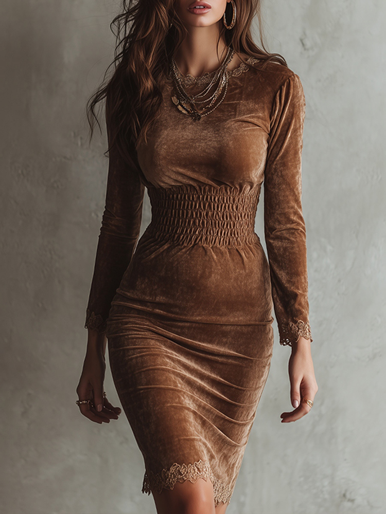 Women's Elegant Lace Trim Velvet Material Long Dress-elviree