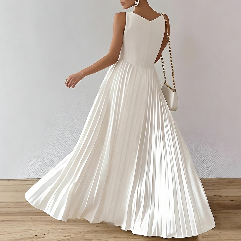 Elegant White Satin Pleated Maxi Dress-elviree