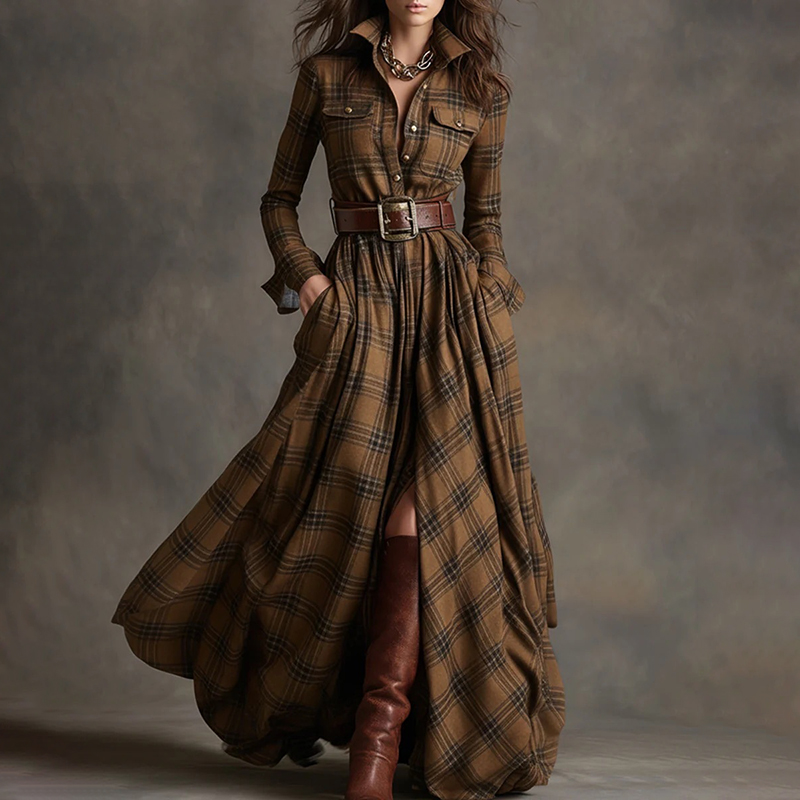 Vintage Western Plaid Pattern Shirt Dress (with Belt)-elviree