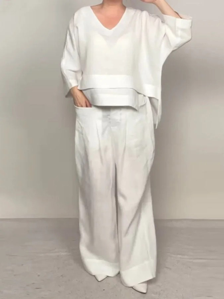 Women's Comfy Linen Blend Double Layer Design V-neck Top And Pants Two-piece Set-elviree