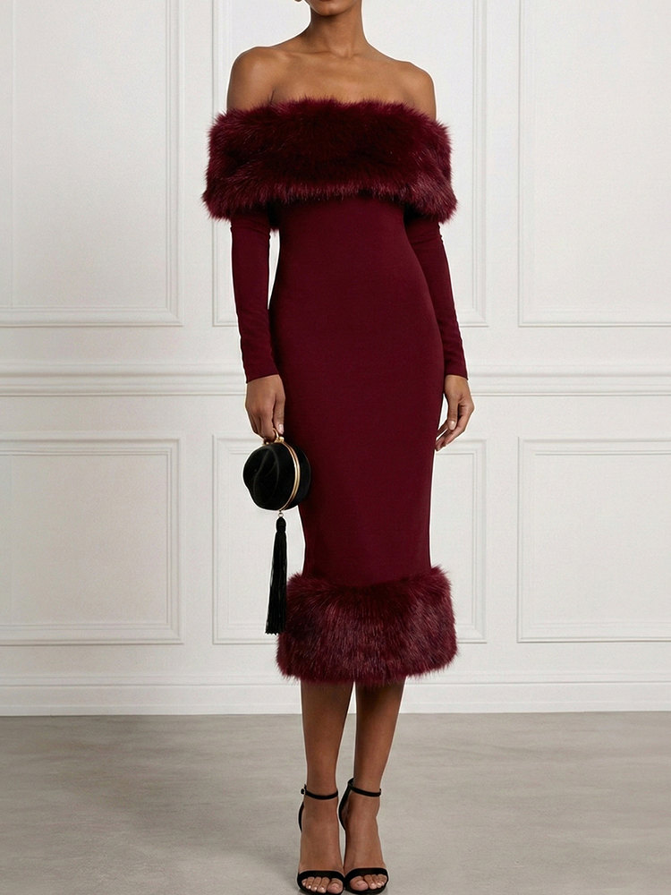 Elegant Faux Fur Off-shoulder Midi Dress-elviree