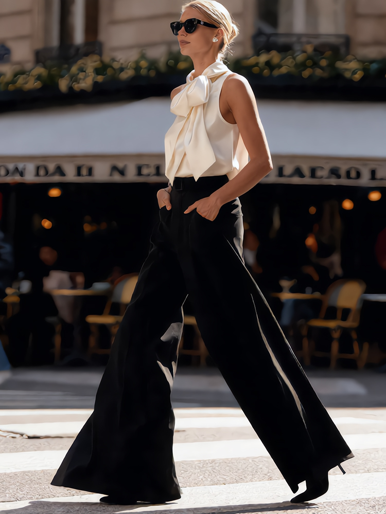 Elegant Champagne White Satin Sleeveless Bow Shirt-elviree