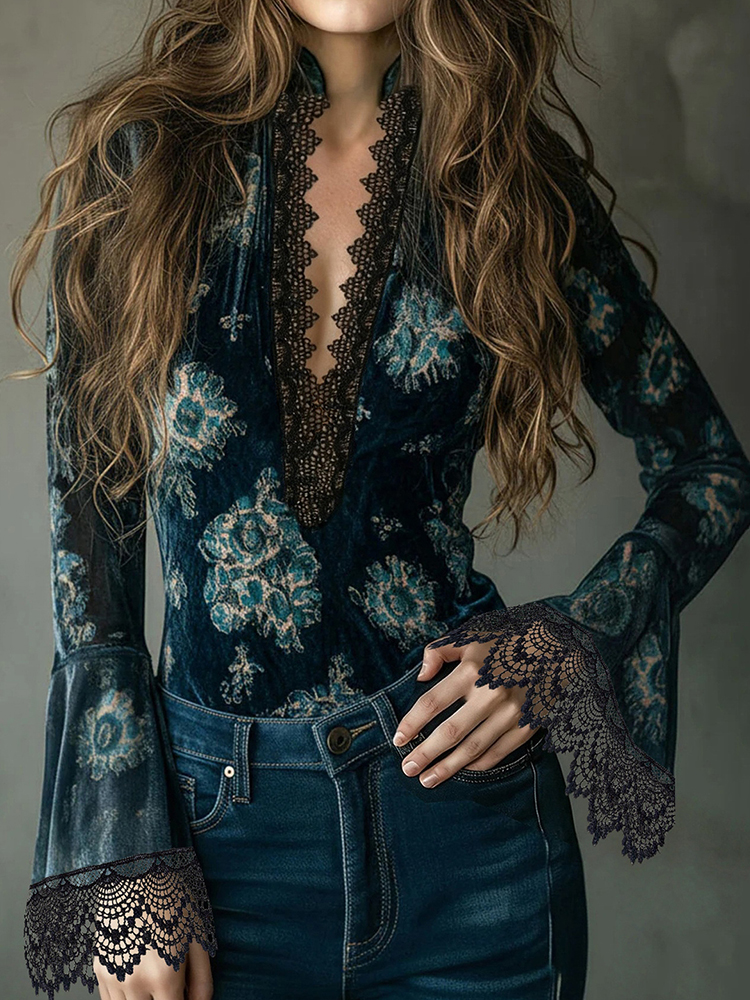 Women's Elegant Lace-trimmed Velvet V-neck Top-elviree