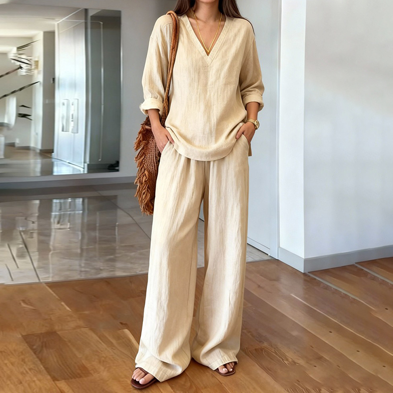 Women's Comfy Linen Blend Casual Long Sleeve V-neck Top And Pants Two-piece Set-elviree