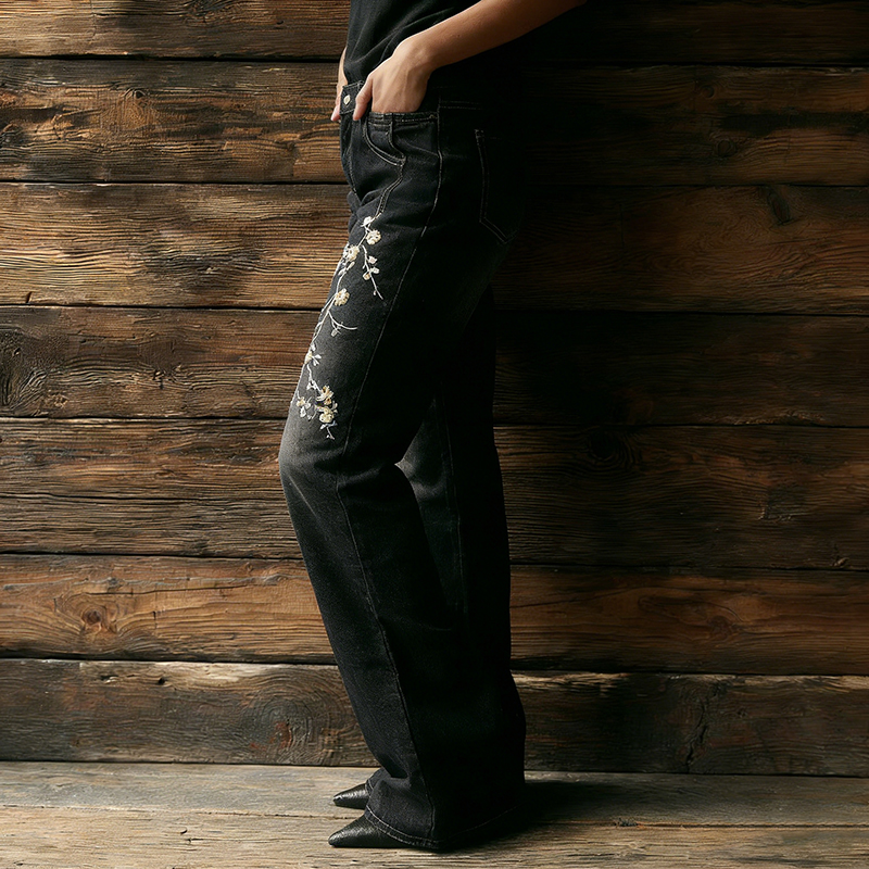 Japanese Art Cherry Blossom Embroidered Washed Flared Jeans-elviree