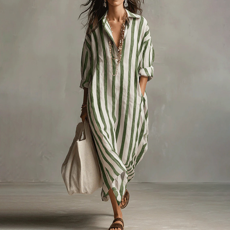 Women's Casual Striped Cotton Linen Maxi Shirt Dress-elviree
