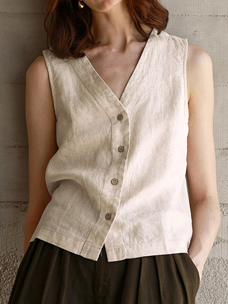 Women's Solid Color Cotton-linen Button-up Vest-elviree