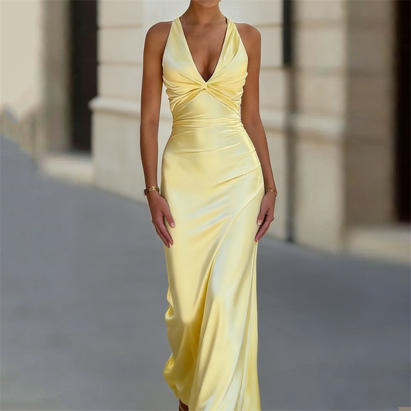 Classy Twist Knot Cross Back Satin Maxi Dress-elviree
