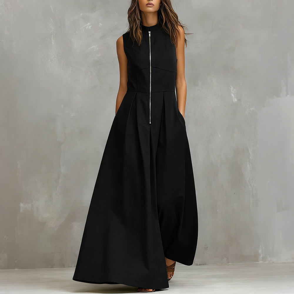 Vintage Round Neck Zip Up Comfy Maxi Dress-elviree