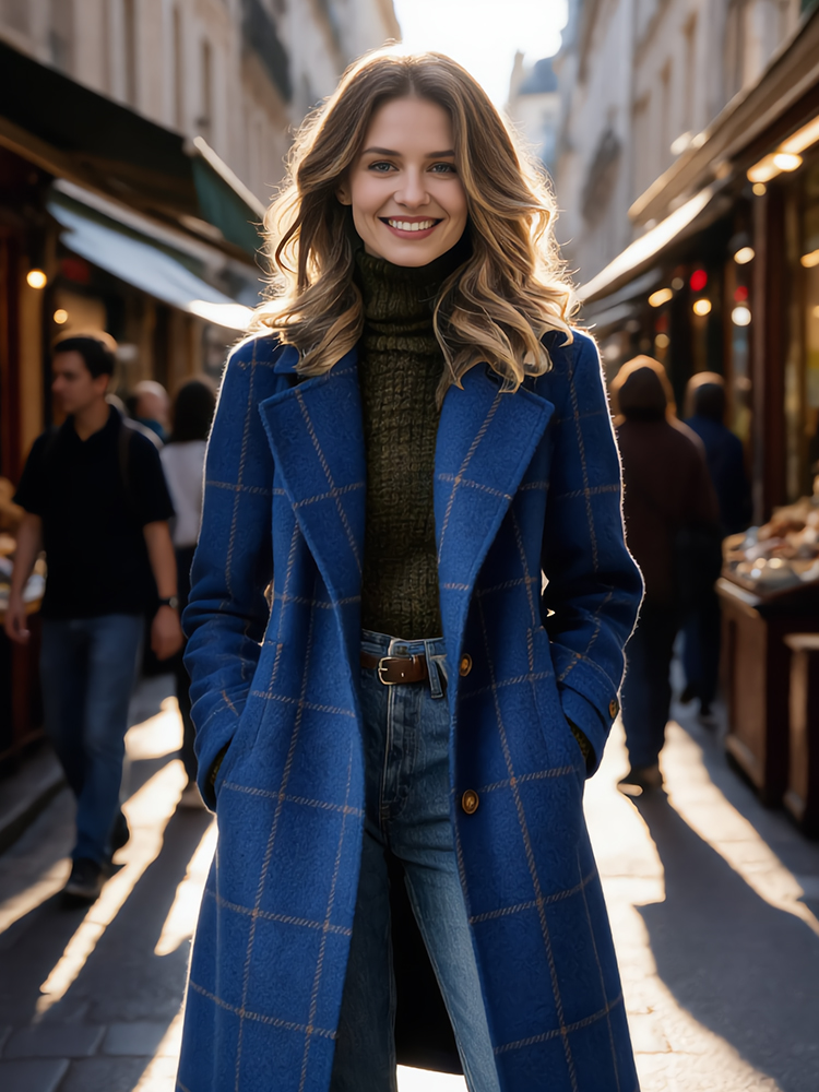 Classy Retro Plaid Lapel Wool Coat-elviree