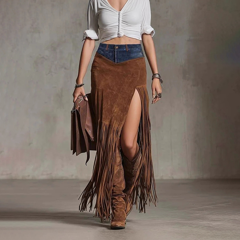 Vintage Western Denim Style Fringed Suede Hem Irregular Skirt-elviree