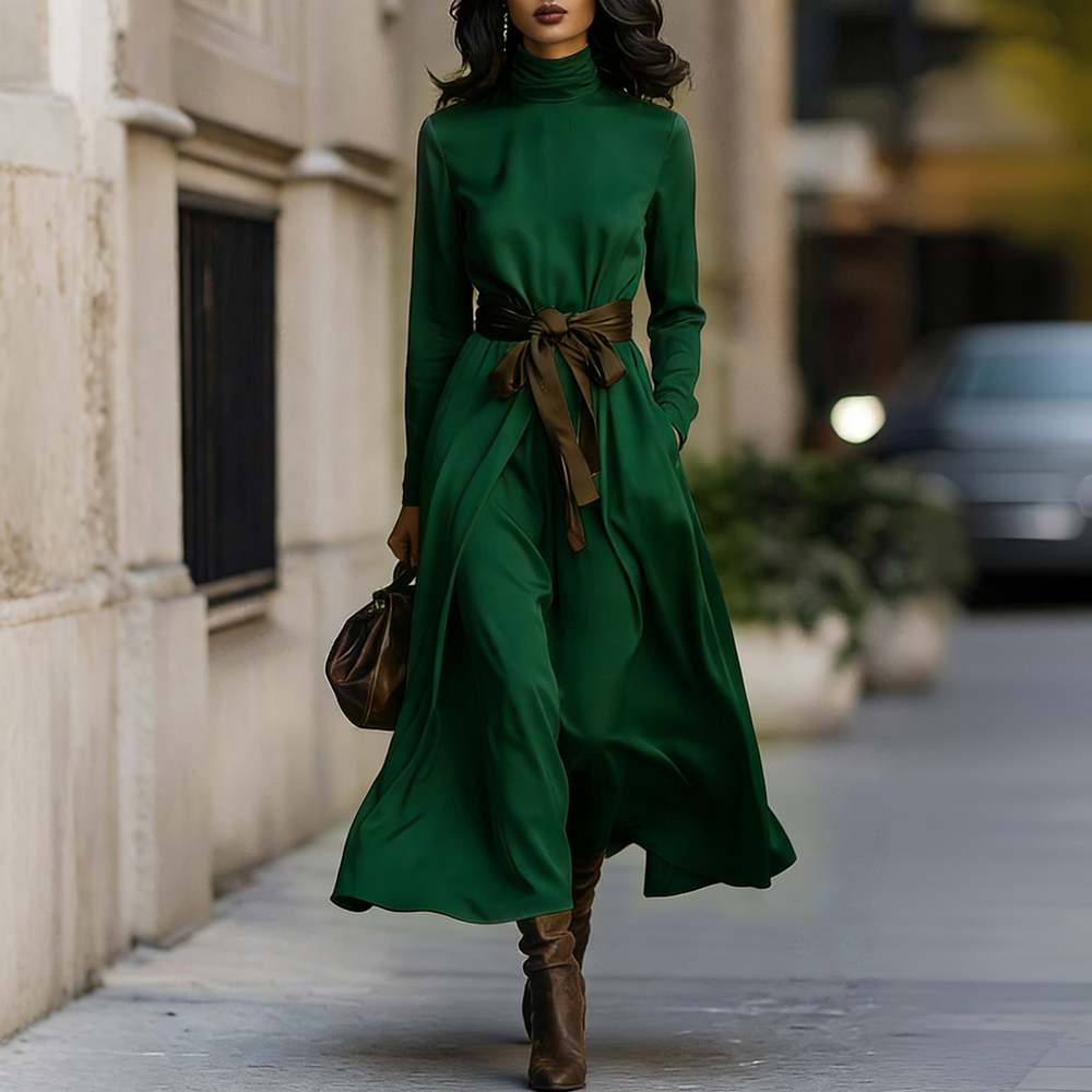 Classy Color Blocked Belted Turtleneck Flowy Maxi Dress-elviree