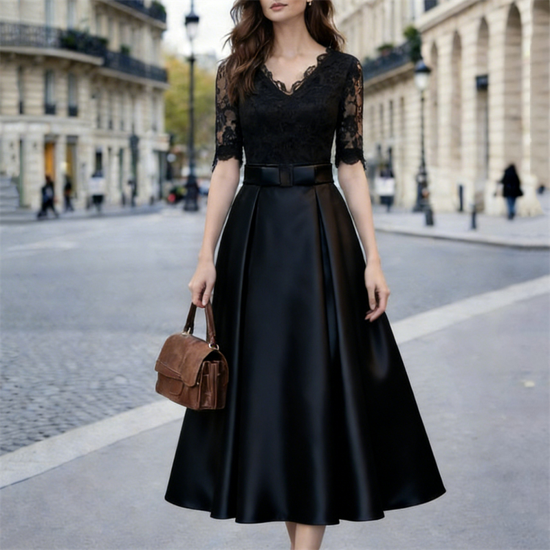 Vintage Classy Lace V Neck Satin Maxi Dress-elviree