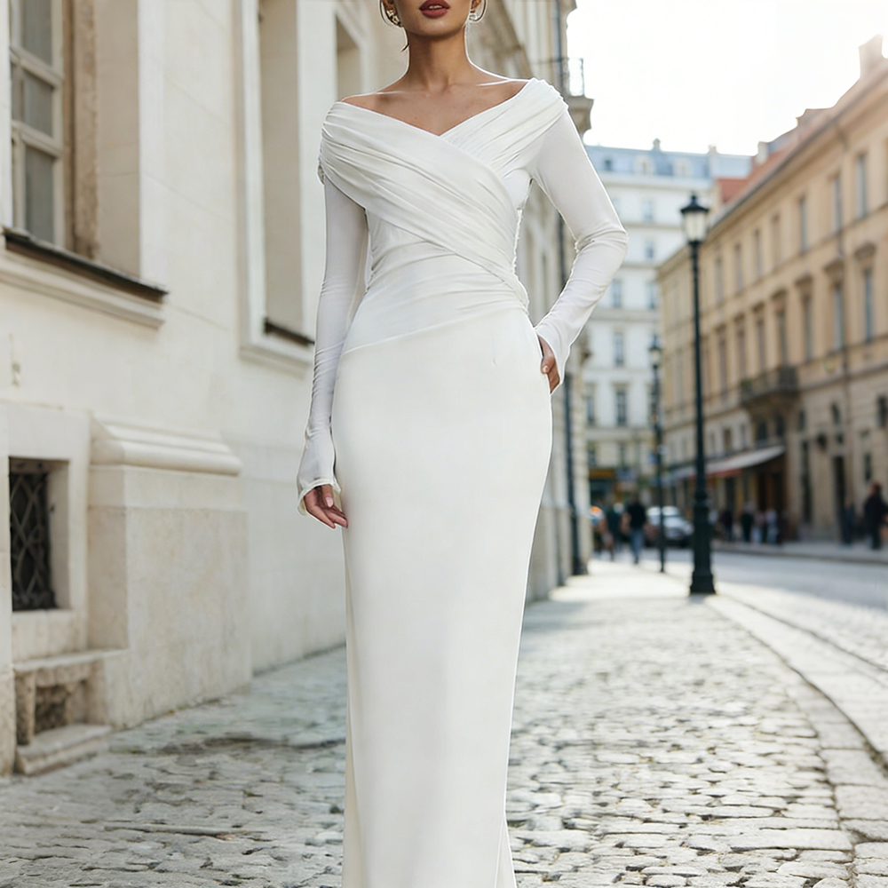 Elegant V Neck Gathered Bodycon Maxi Dress-elviree