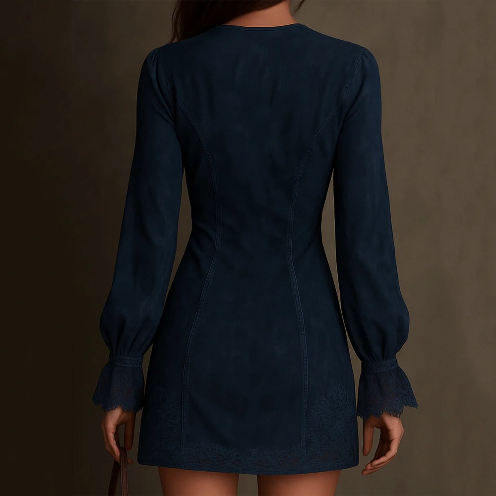 Retro Classy Lace Patchwork Long Sleeve Mini Dress-elviree