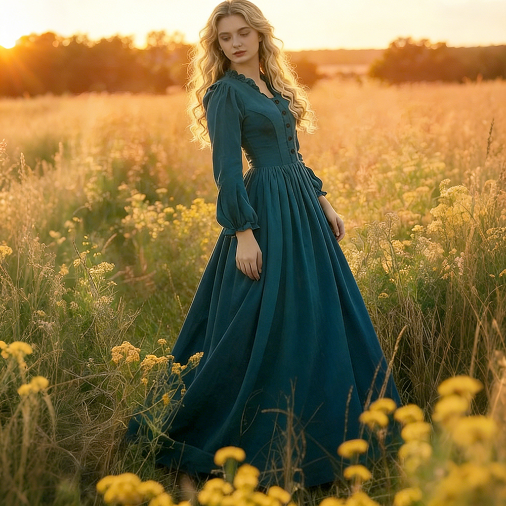 Vintage Ruffled Collar Pleated Wide Skirt Maxi Dress-elviree