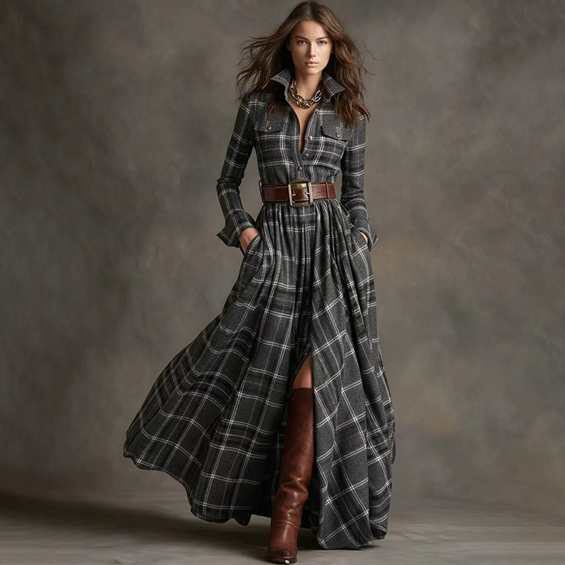 Vintage Western Plaid Pattern Shirt Dress (with Belt)-elviree