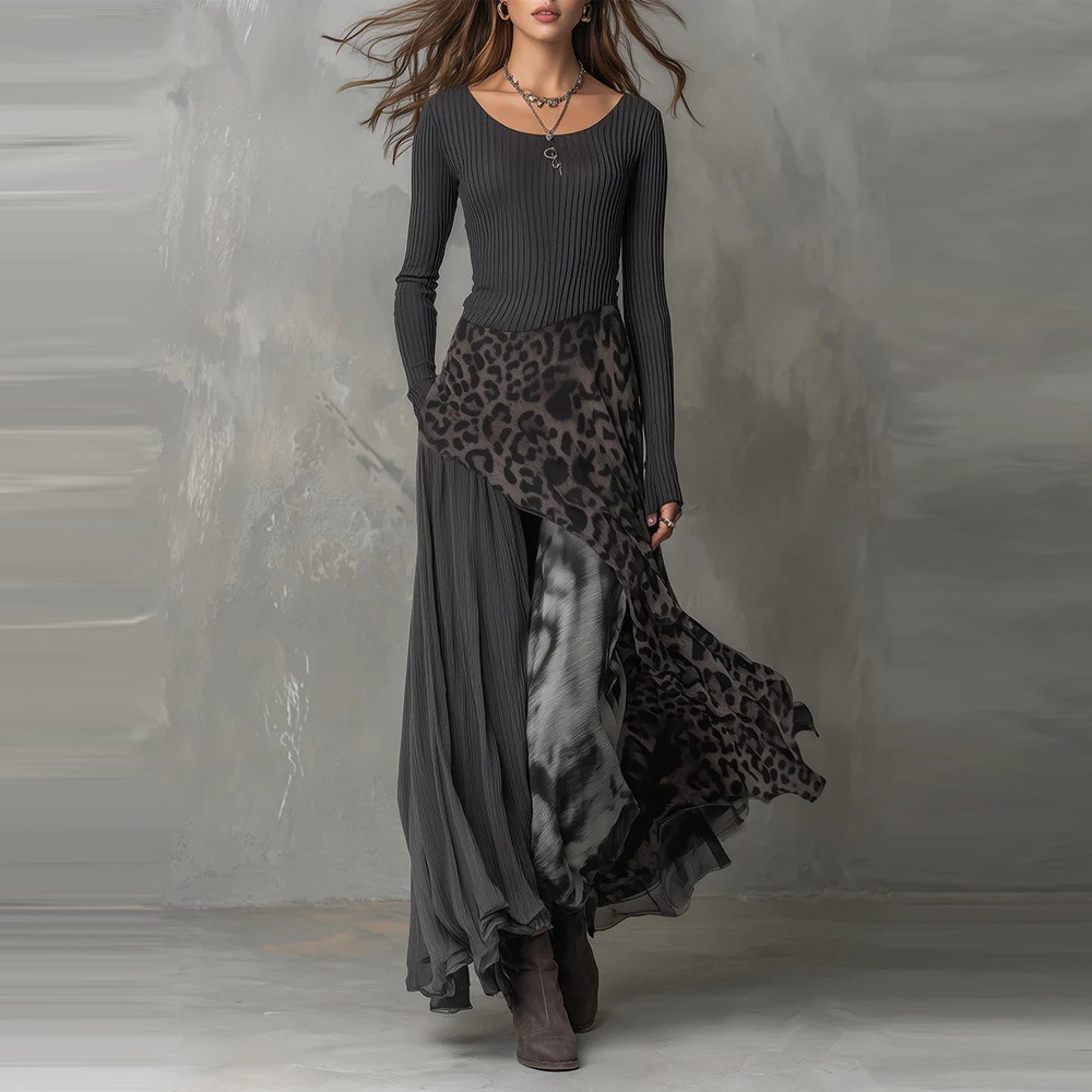 Vintage Leopard Print Slim Fit Patchwork Maxi Dress-elviree