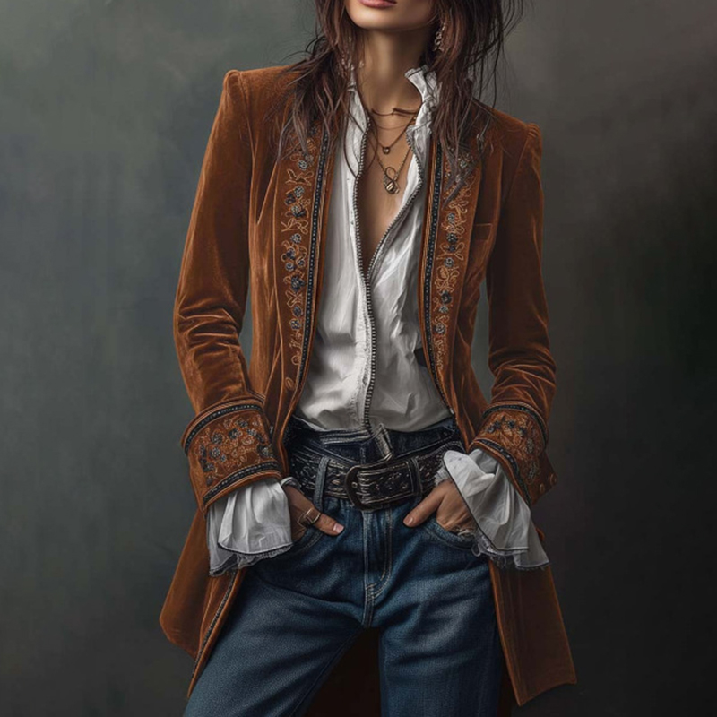 Vintage Long-sleeved Patchwork Lace Gold Velvet Jacket-elviree