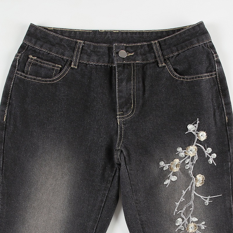 Japanese Art Cherry Blossom Embroidered Washed Flared Jeans-elviree