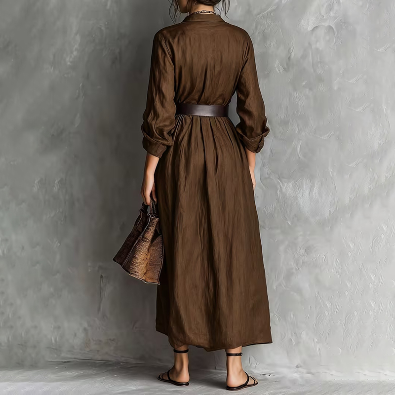 Vintage Workwear Style Loose Long Waisted Shirt Dress (with Belt)-elviree