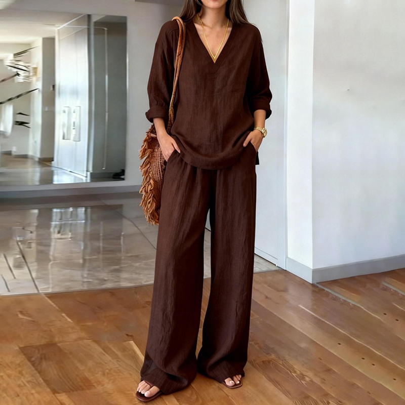 Women's Comfy Linen Blend Casual Long Sleeve V-neck Top And Pants Two-piece Set-elviree