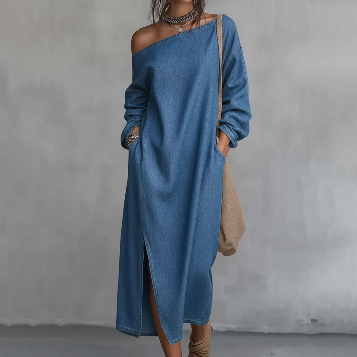 Women's Casual Solid Color One-shoulder Cotton Linen Maxi Dress-elviree
