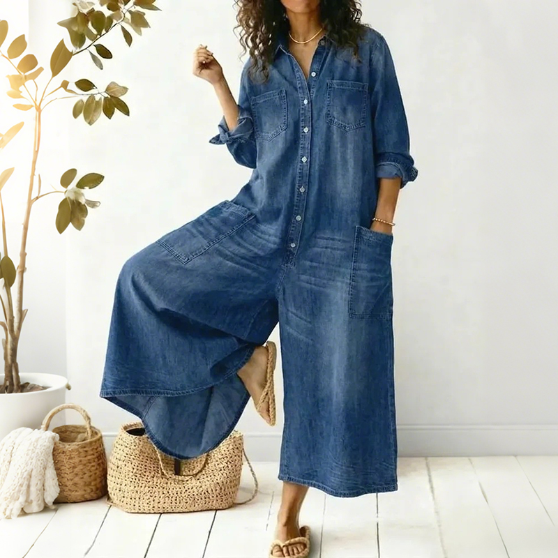 Women's Solid-color Denim Single-breasted Comfortable Jumpsuit-elviree